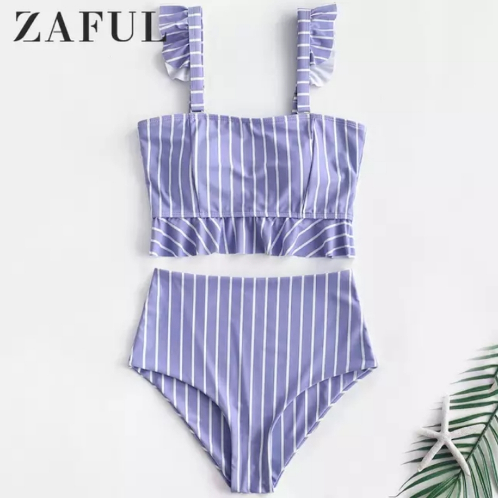 👙2/$30 Zaful Striped Ruffles High Rise Tankini - Picture 1 of 4